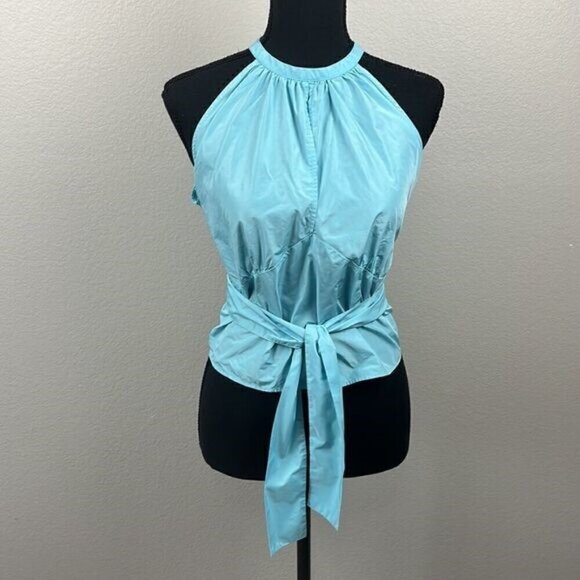 Zara Halter Top Powder Blue Tie-Back Bow Panel Fitted Sleeveless Keyhole Blouse - Picture 6 of 13